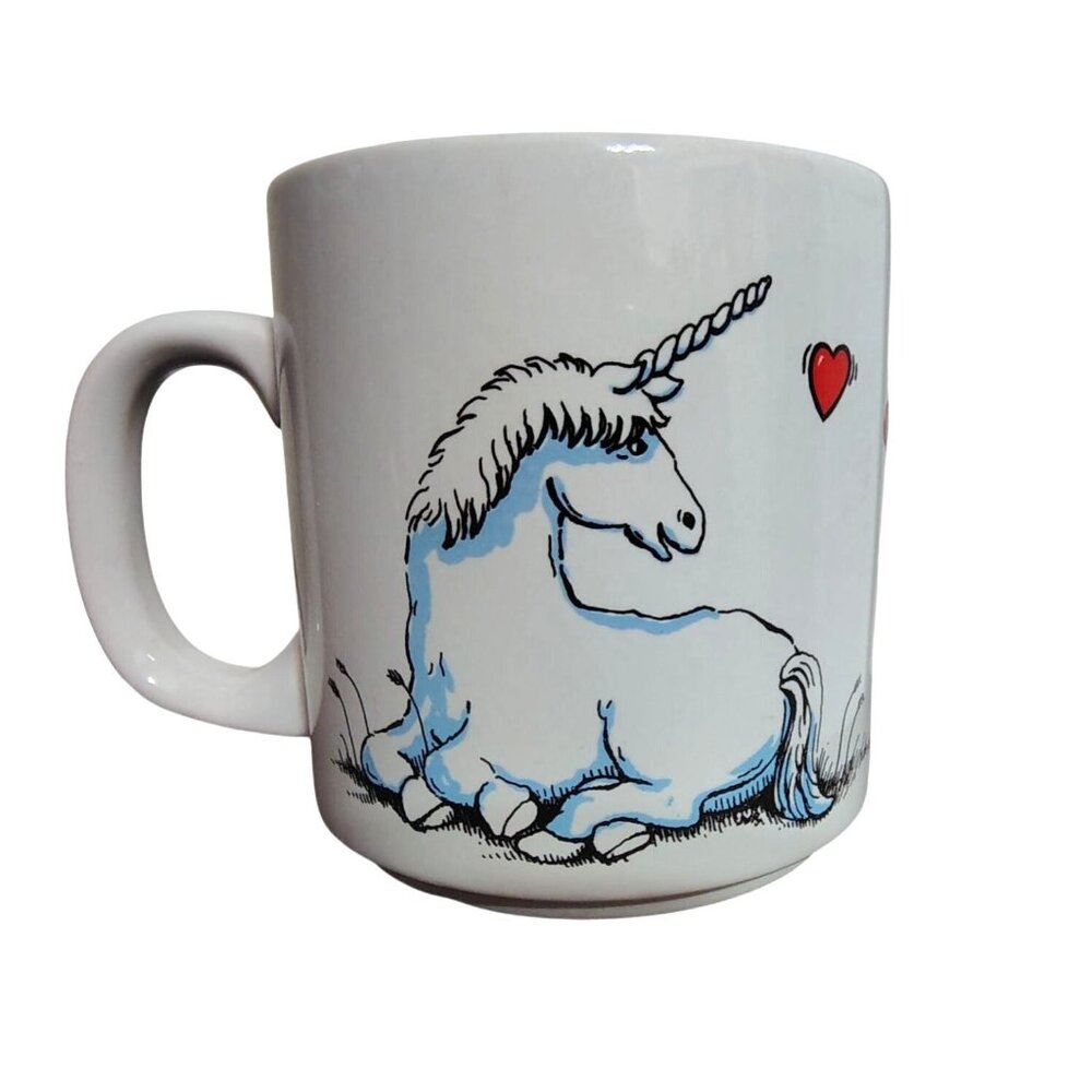 Vintage Russ Berrie Unicorn Coffee Cup Mug, Red Hearts Kitsch